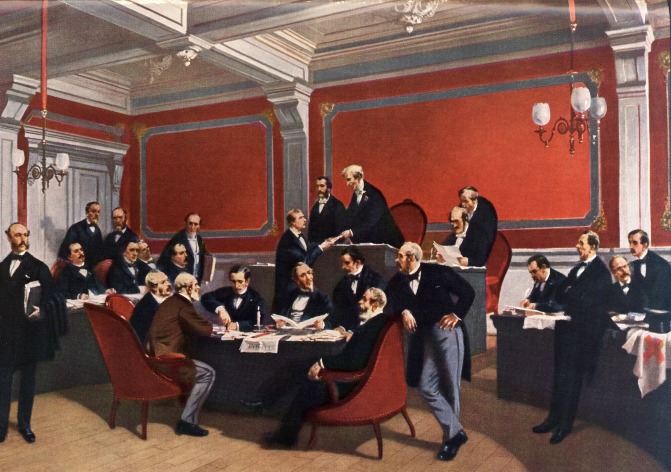 peinture de la signature de la première Convention de Genève, le 22 août 1864, dans l'Hôtel de Ville de Genève. Le 22 août 1864, la première Convention de Genèv